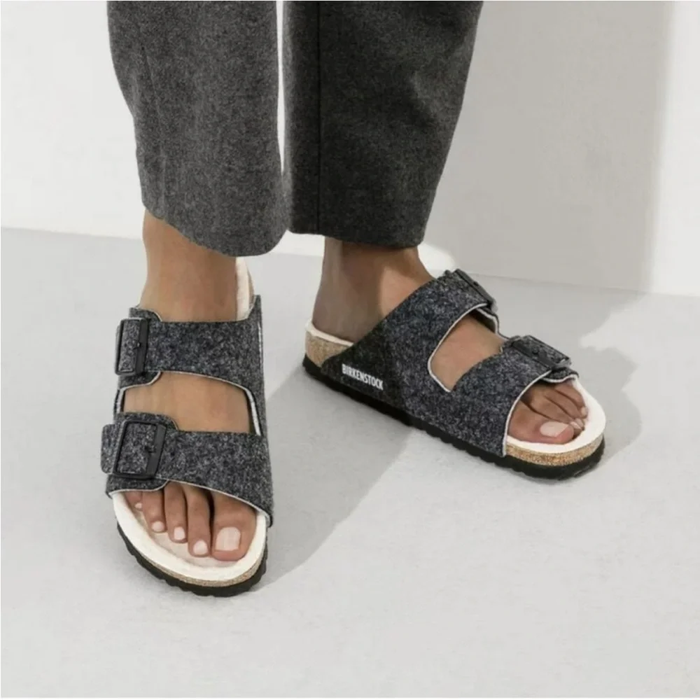 Birkenstock Arizona Rivet Wool Felt Shearling Charcoal Sandals Men’s 42